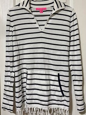 Lilly Pulitzer White and Black Striped V-Neck Fringe Pullover